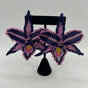 Purple orchid beaded earrings